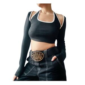 ★ Princess Polly Long Cropped Halter Top - Black/White ★